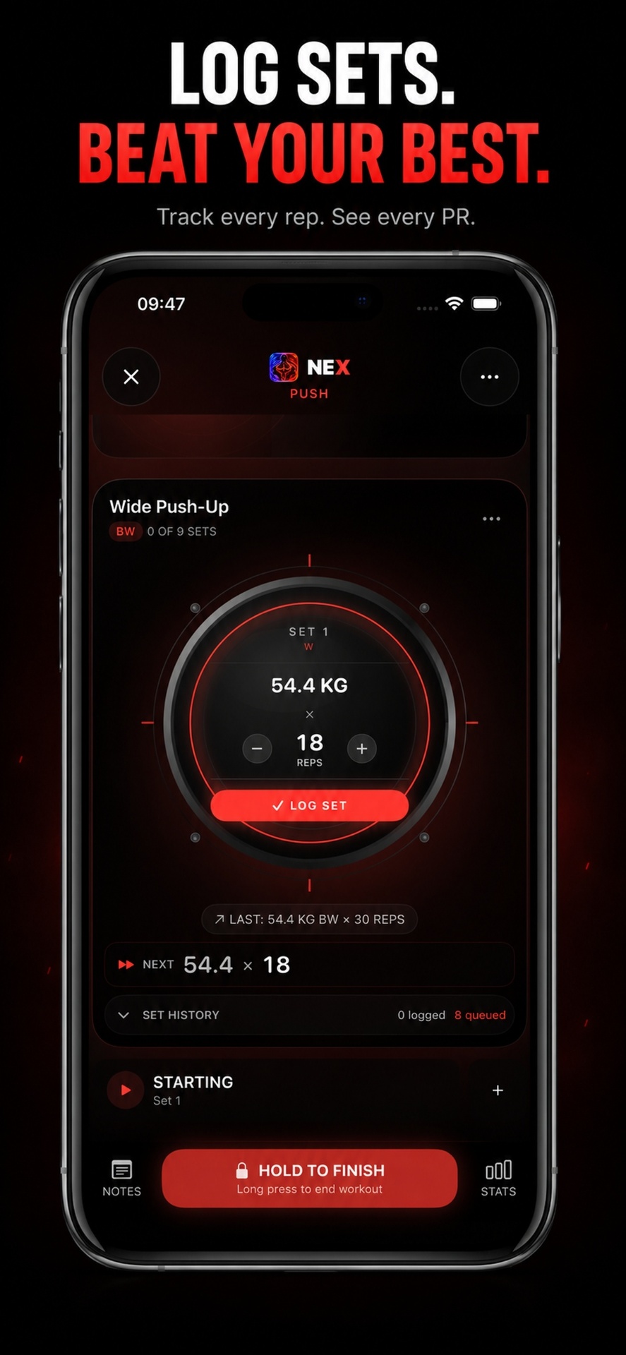 NEX live workout — log sets, beat your best